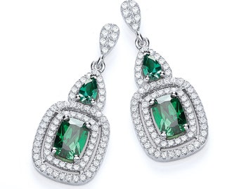 Emerald & Pear Cut Green Cz Cluster 2.9cm Drop Earrings 925 Sterling Silver