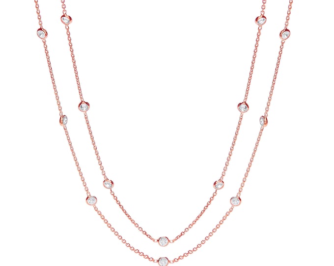 925 Sterling Silver 23 Bezel Rubover Set Cz by the Yard 38" Long Necklace Rose-Gold-Silver