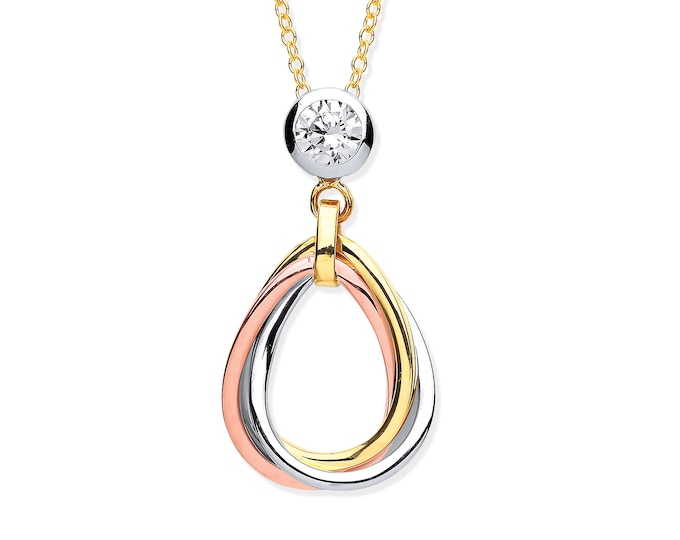 9ct Tri Colour Gold Teardrop Links Pendant on 16"-18" Necklace- Real 9K Gold