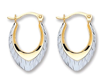 Small 9ct Bi Colour Gold 14x10mm Diamond Cut Oval Creole Hoop Earrings - Real 9K Gold