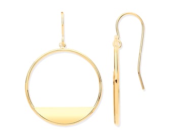 9ct Yellow Gold 20mm Diameter Open Circle Fish Hook Drop Earrings - Real 9K Gold