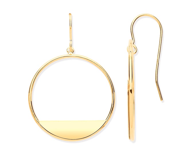 9ct Yellow Gold 20mm Diameter Open Circle Fish Hook Drop Earrings - Real 9K Gold