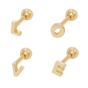 9ct Yellow Gold Helix Cartilage 6mm Bar Single Initial Stud Earring Letters A to Z - Solid 9K Gold