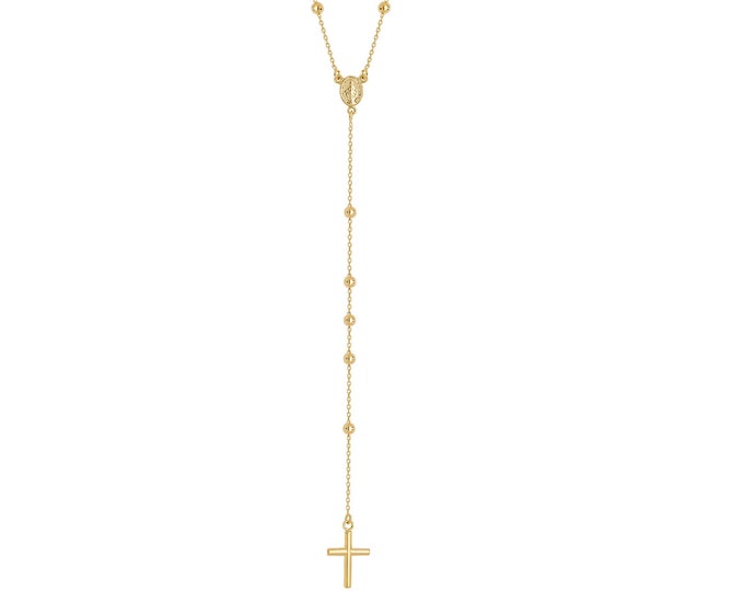 9ct Yellow Gold 26" Lightweight Fine Rosary Bead Cross Necklace Hallmarked - Real 9K Gold