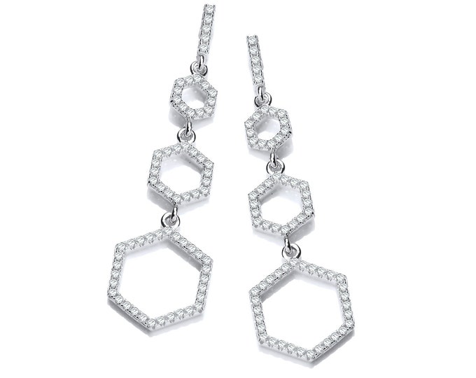 Micro Pave Cz Honeycomb 4cm Drop 925 Sterling Silver Earrings