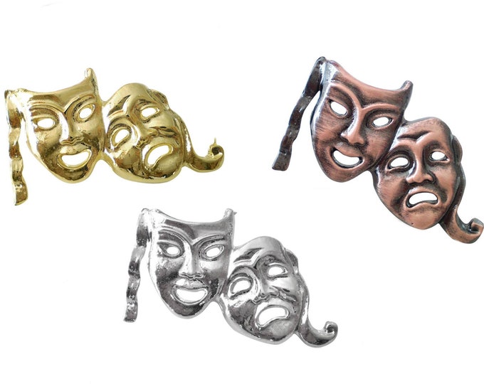 Pack 10 x Comedy Tragedy Theatre Mask Lapel Pin Badges Silver Bronze Gold