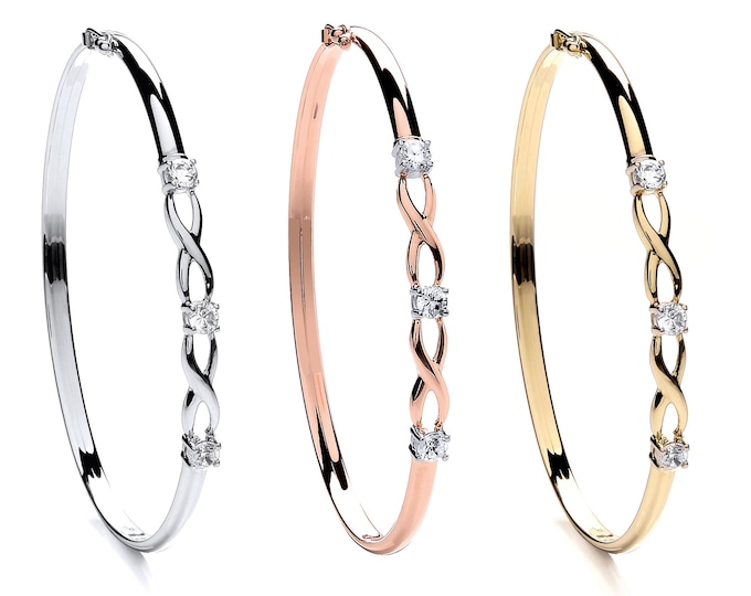 9ct Gold Twisted Infinity Cz Trilogy Bangle - Rose Yellow White Gold - Real 9K Gold