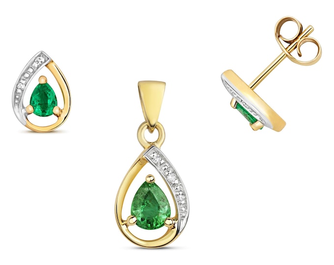 Pear Cut Green Emerald Diamond Pendant & Earrings Set 9K Yellow Gold - Real 9K Gold
