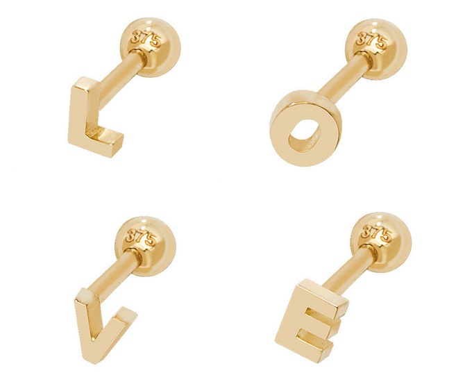 9ct Yellow Gold Helix Cartilage 6mm Bar Single Initial Stud Earring Letters A to Z - Solid 9K Gold