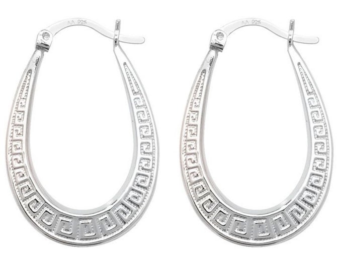 925 Sterling Silver 25x20mm Greek Key Design Hollow Oval Creole Hoop Earrings
