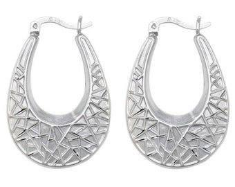 925 Sterling Silver 25x20mm Geometric Design Hollow Oval Creole Hoop Earrings