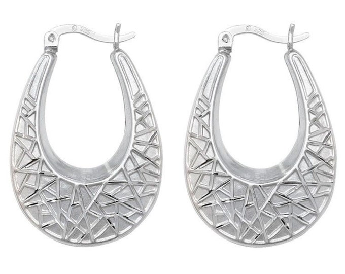 925 Sterling Silver 25x20mm Geometric Design Hollow Oval Creole Hoop Earrings