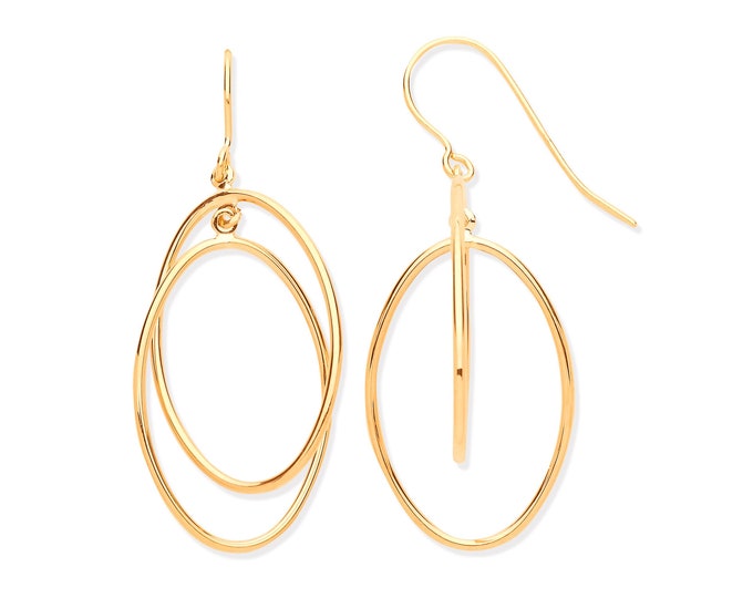 9ct Yellow Gold 3cm Double Oval Entwined Link Hook Drop Earrings - Real 9K Gold