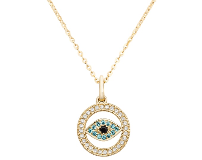 9ct Yellow Gold Round 12mm Blue Cz Evil Eye Charm Pendant - Real 9K Gold