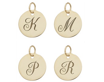 9ct Yellow Gold Script Engraved Initial 13mm Round Disc Tag Pendant - Real 9K Gold