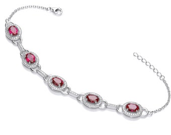 Ruby Red Oval & Micro Pave Halo Cz Link 7" Bracelet 925 Sterling Silver