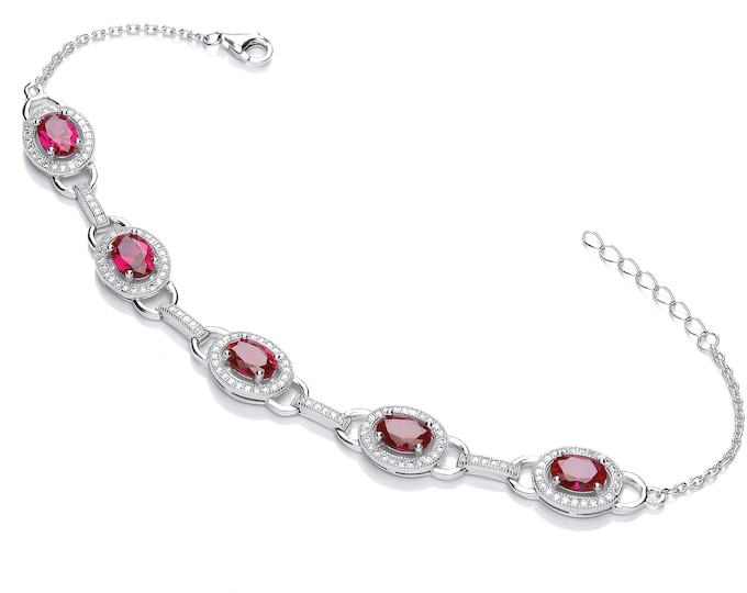 Ruby Red Oval & Micro Pave Halo Cz Link 7" Bracelet 925 Sterling Silver