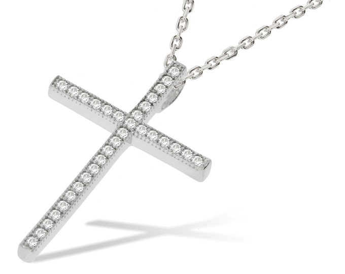 Micro Pave Cz 3cm Slim Cross Pendant 925 Sterling Silver 16"-18" Necklace