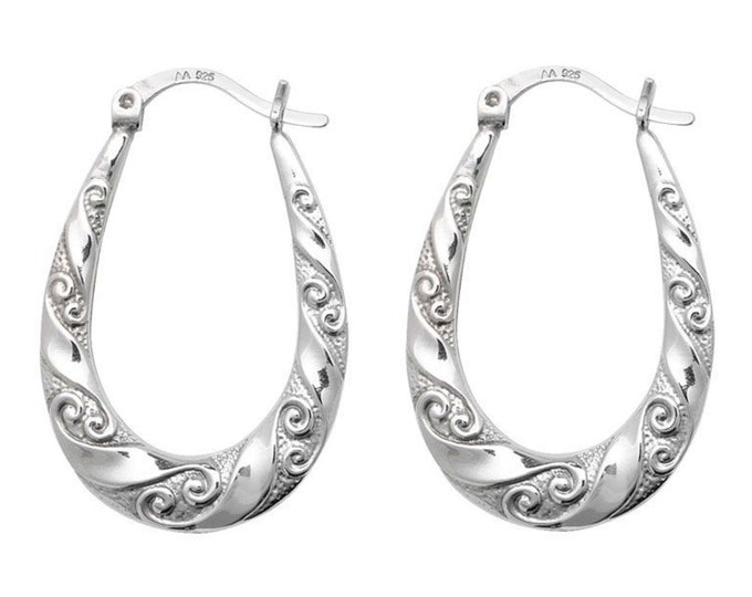 925 Sterling Silver Oval Swirl Embossed Creole Hoop Earrings 30x20mm