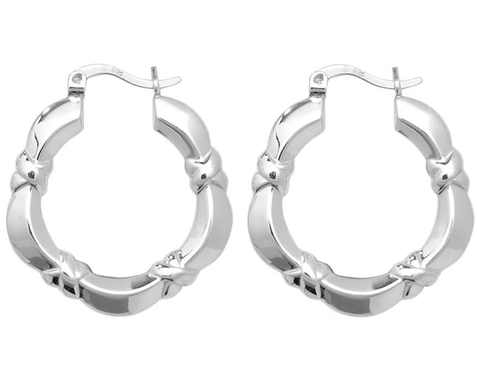 925 Sterling Silver 20mm Scalloped Kiss Cross Hollow Creole Hoop Earrings