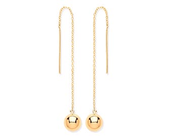 9ct Yellow Gold 6mm Ball & Chain Threader 9cm Long Drop Earrings - Real 9K Gold