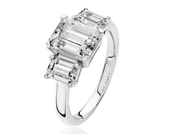Rhodium Plated 925 Sterling Silver Claw Set Trilogy Emerald Cut Cz Engagement Ring