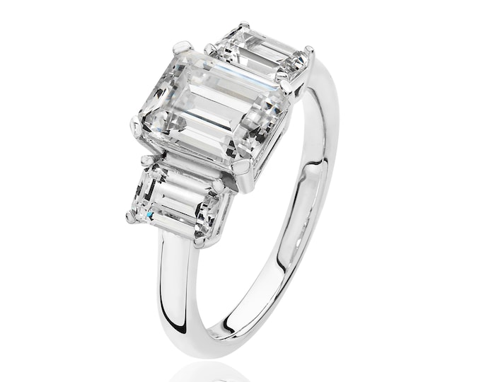 Rhodium Plated 925 Sterling Silver Claw Set Trilogy Emerald Cut Cz Engagement Ring