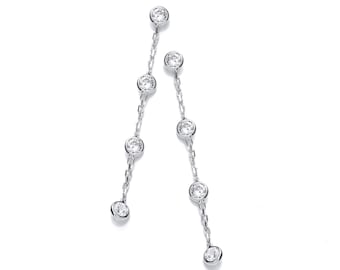 Bezel Rub-over Round Cut Cubic Zirconia 4.7cm Long Drop Earrings 925 Sterling Silver Rhodium Plated
