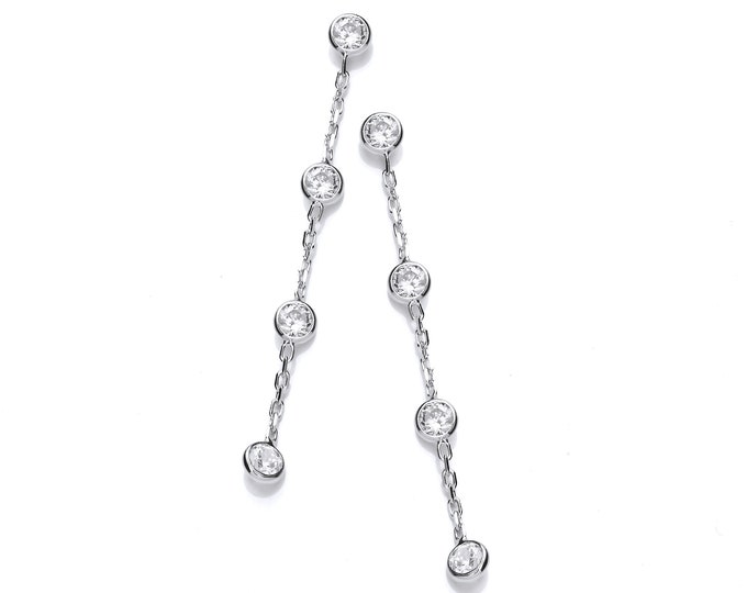 Bezel Rub-over Round Cut Cubic Zirconia 4.7cm Long Drop Earrings 925 Sterling Silver Rhodium Plated