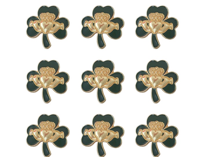 Pack 9 x Irish Gold Claddagh Green Shamrock Lapel Pin Badges St Patrick's Day