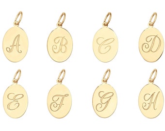 9ct Yellow Gold Small Oval Engraved Initial Letter 14x9mm Disc Tag Pendants - Real 9K Gold