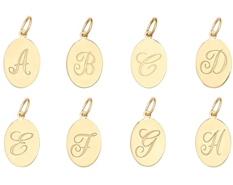 9ct Yellow Gold Small Oval Engraved Initial Letter 14x9mm Disc Tag Pendants - Real 9K Gold