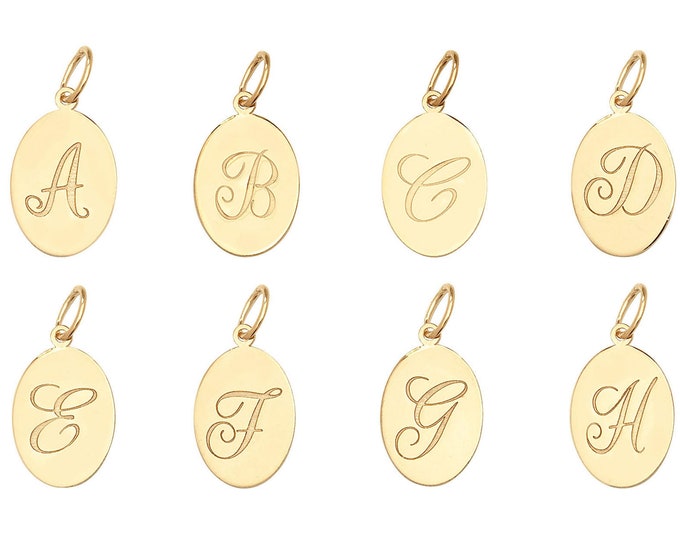 9ct Yellow Gold Small Oval Engraved Initial Letter 14x9mm Disc Tag Pendants - Real 9K Gold