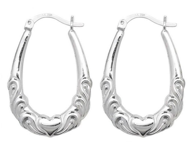 925 Sterling Silver Oval Heart Embossed Creole Hoop Earrings 30x20mm