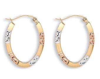 Small 9ct Tri Colour Gold 15x12mm Diamond Cut Flat Oval Creole Hoop Earrings - Real 9K Gold
