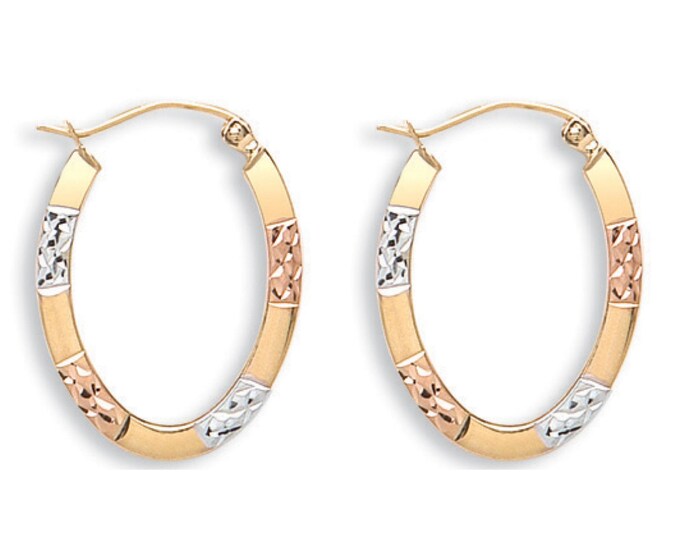 Small 9ct Tri Colour Gold 15x12mm Diamond Cut Flat Oval Creole Hoop Earrings - Real 9K Gold