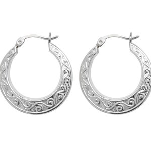 925 Sterling Silver Embossed Scroll Design Hollow Creole 20mm Hoop Earrings