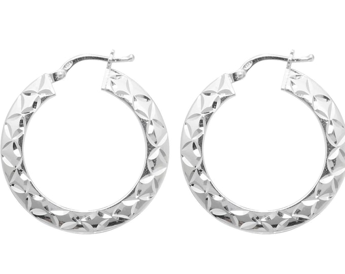 Pair of 925 Sterling Silver Diamond Cut Design Hoop Earrings  - Choice of sizes