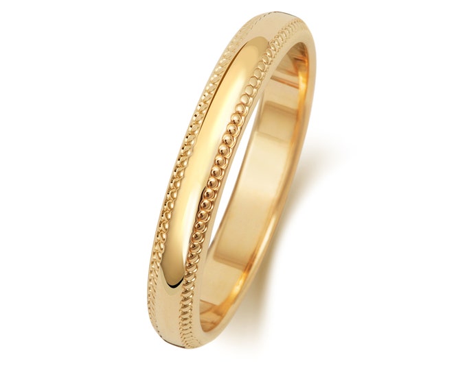 9ct Yellow Gold D-Shape Millgrain Edge Wedding Ring Hallmarked Widths 3mm-6mm Sizes J-Z - Solid 9K Gold