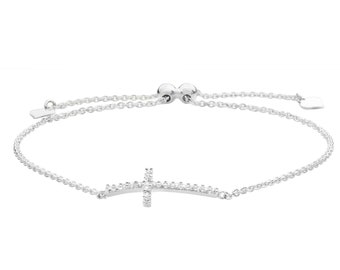 925 Sterling Silver Cz Sideways Cross 7" Slider Toggle Bracelet Rhodium Plated