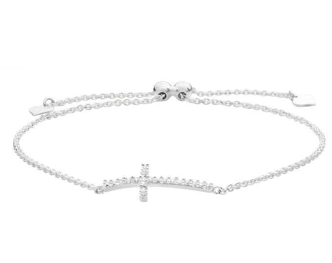 925 Sterling Silver Cz Sideways Cross 7" Slider Toggle Bracelet Rhodium Plated