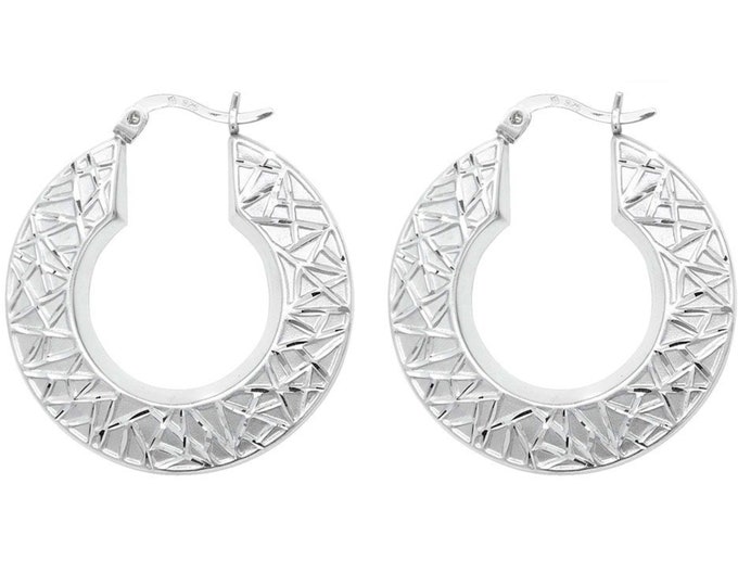 925 Sterling Silver Geometric Design Hollow Creole 30mm Hoop Earrings