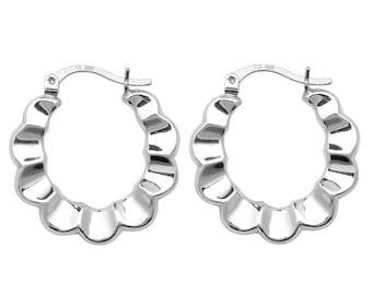 925 Sterling Silver 25mm Scalloped Edge Hollow Creole Hoop Earrings