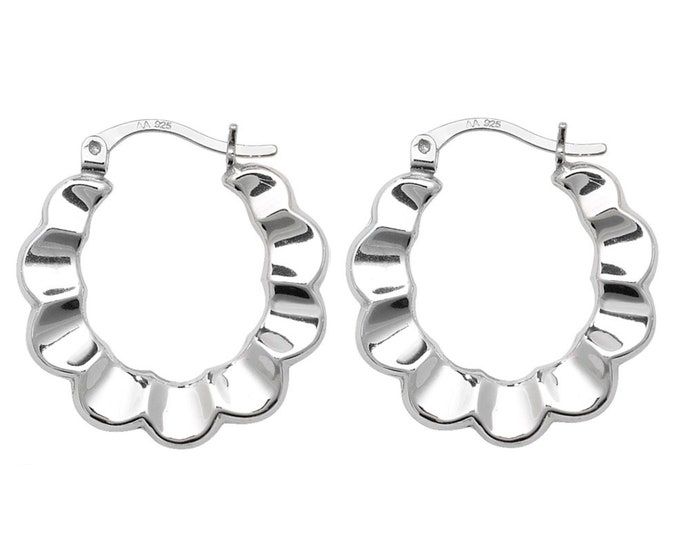 925 Sterling Silver 25mm Scalloped Edge Hollow Creole Hoop Earrings