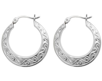 925 Sterling Silver Embossed Scroll Design Hollow Creole 20mm Hoop Earrings