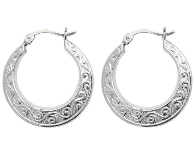 925 Sterling Silver Embossed Scroll Design Hollow Creole 20mm Hoop Earrings