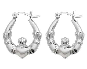 Pair of 925 Sterling Silver Irish Claddagh Heart Creole 18mm Hoop Earrings