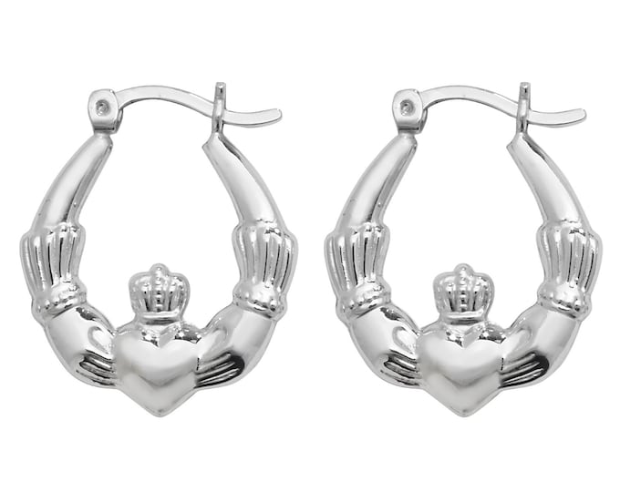 Pair of 925 Sterling Silver Irish Claddagh Heart Creole 18mm Hoop Earrings