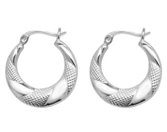 Pair of 925 Sterling Silver Diamond Cut Design Hollow Creole 15mm Hoop Earrings