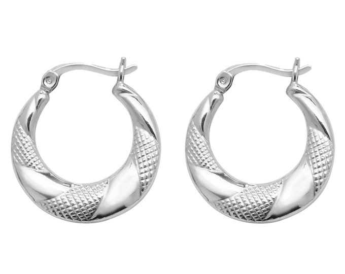 Pair of 925 Sterling Silver Diamond Cut Design Hollow Creole 15mm Hoop Earrings